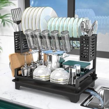 Imagem de Escorredor de louça B-Land de 2 níveis para bancada de cozinha, grande, com bandeja de drenagem e porta-utensílios, à prova de ferrugem, organizador de cozinha