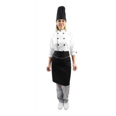 Imagem de Kit chef cozinha feminino Dolmã manga 3/4 + Avental preto + Chapéu pre