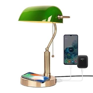 Imagem de FIRVRE Luminária de mesa de vidro verde para leitura E27 Classic Retro LED com porta USB de carregamento sem fio vintage latão interruptor de corrente de puxar mesa de cabeceira luz de cabeceira para