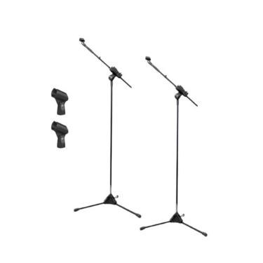 Imagem de Ibox Kit 2 Pedestais de Microfone com Suporte Cachimbo, Tripé Ajustável, Preto (Mic Com Fio)