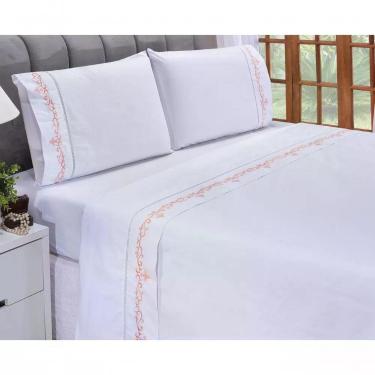 Imagem de Jogo Lençol Imperial Quarto Casal Padrão Bordado 4 Peças 2fronha Cor: Branco Com Salmão