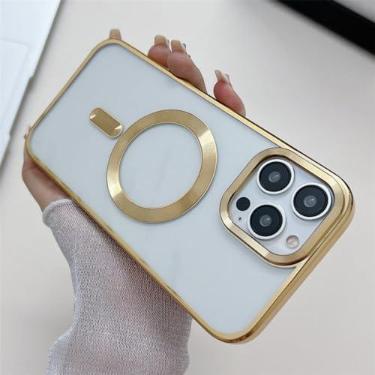 Imagem de Luxo transparente magnético sem fio caso de carregamento sem fio para iphone 14 plus 13 12 11 pro max macio chapeamento capa pára-choques, ouro, para iphone 12pro max