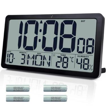 Imagem de Relógio de parede atômico operado por bateria, relógio de mesa digital de 26,7 cm com temperatura e umidade, despertadores de configuração automática com 57 toques, horário de verão automático, visor