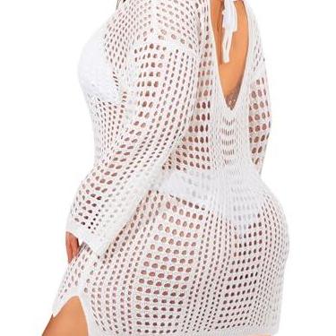 Imagem de Aqua Eve Saída de praia feminina plus size - Saída de praia de manga comprida de crochê 2025 preto, Branco, 24 Plus Size