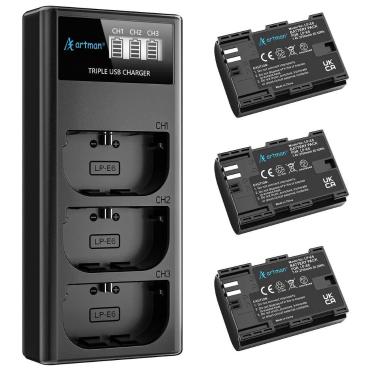 Imagem de Bateria e carregador Artman LP-E6N LP-E6 2750mAh x3 para Canon - A Art