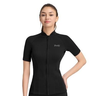 Imagem de GoldFin Top de roupa de mergulho feminina, jaqueta de neoprene com zíper frontal de neoprene 2 mm, natação, mergulho, snorkeling, hidroginástica, preta, PP