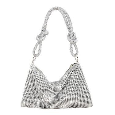 Imagem de Bolsas femininas com strass chique brilhante para noite bolsa Hobo bolsa clutch prata brilhante para festa, Prata com strass, 10.2x6.3in