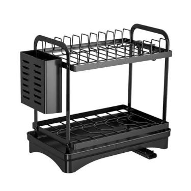 Imagem de ＫＬＫＣＭＳ Escorredor de louça para de cozinha, organizador, suporte confiável de 2 níveis para utensílios, escorredor de pratos e tigelas, Preto