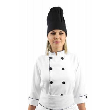 Imagem de Kit chef cozinha feminino Dolmã manga 3/4 + Avental branco + Chapéu pr