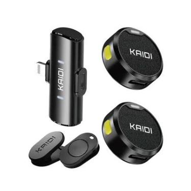Imagem de Microfone Lapela Duplo Lightning Redondo Imã Sem Fio Anti Ruído Preto