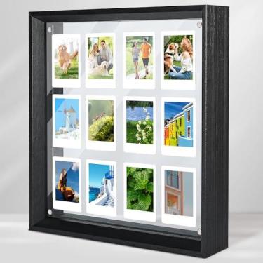 Imagem de JUOIFIP Porta-retrato Polaroid flutuante – comporta 12 mini fotos instantâneas/carteira 5 x 7 cm, moldura magnética acrílica transparente dupla face preta de 30 x 30 cm para exibição de mesa