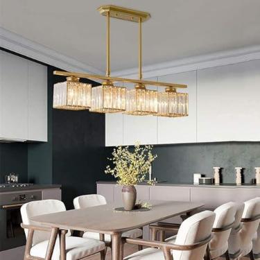 Imagem de Lustre De Cristal Moderno Luzes Pendentes Douradas, 4 Luzes Retangulares Led Luz De Teto Lâmpada Suspensa De Cristal Para Sala De Estar, Sala De Jantar, Quarto