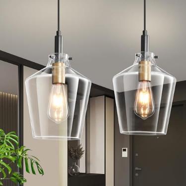 Imagem de Vaziden Luminárias Pendentes De Vidro Modernas Para Ilha Cozinha, Pacote Com 2, Pretas E Douradas Estilo Fazenda, Luminária Teto Suspensa Ajustável, Cúpulas Transparentes Angulares 20 Cm