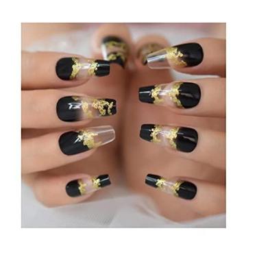 Imagem de Unhas postiças Decoradas para as mãos 24 peças + 12 adesivos (Preto e Dourado)