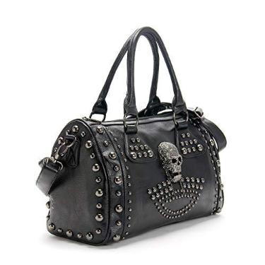 Imagem de Bolsa feminina de lona punk com alça de ombro transversal grande capacidade preta, Skull-studded, 1