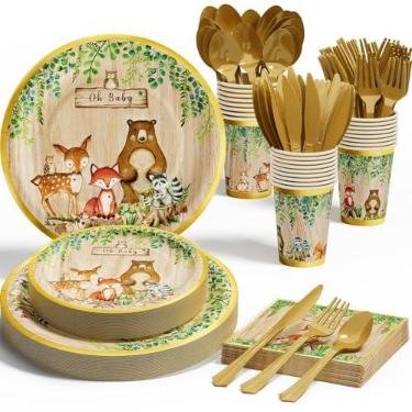 Imagem de Ecomore Artigos de decoração de chá de bebê Woodland – Conjunto de louça descartável de animais da floresta com 175 peças (25 convidados) com pratos de papel dourado, copos, guardanapos, facas de