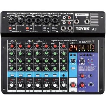 Imagem de TEYUN Mixer de Áudio Profissional A8, 8 Canais, Bluetooth, USB, Phantom Power 48V, Placa de Som Digital, Ideal para Gravação Transmissão ao Vivo Podcast e Produção Musical em Casa 7/6/5/4/3 corredor