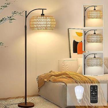 Imagem de Candeeiros de chão Arc para sala de estar em vime boho com controle remoto, lâmpadas de piso de LED reguláveis, abajur de vime, abajur preto, com 3 temperaturas de cores, lâmpada de chão alta para