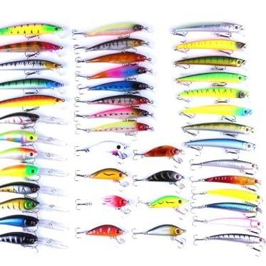 Imagem de 43 peças iscas de pesca, isca de pesca artificial de plástico kit completo para pesca ao ar livre atividades relaxantes para baixo truta salmão baixo, melhores presentes de pesca