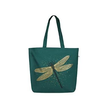 Imagem de Ecoright Bolsa de lona estética para mulheres, bolsas grandes com zíper, com bolso, escola, trabalho, praia, ioga, presentes, sacola feminina, Libélula efeito glitter (verde), One Size