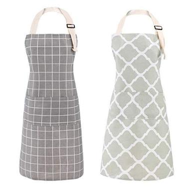 Imagem de Avental de algodão e linho à prova d'água Tosecon, 2 peças, com 2 bolsos – Alça de pescoço ajustável – Aventais decorativos unissex para cozinha e cozinha, Grey/Green, 2