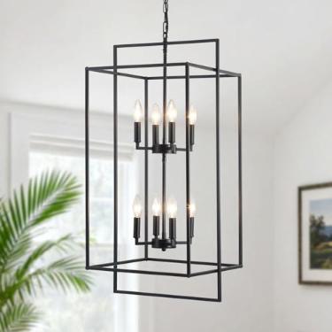Imagem de QAREHL Lustres Pretos Para Teto Alto, Lustre Moderno Estilo Fazenda, Lanterna Para Entrada, Hall De Entrada, Escada, Corredor, Sala De Jantar, Cozinha, Ilha, 15,74'' Polegadas, Luminária Pendente C