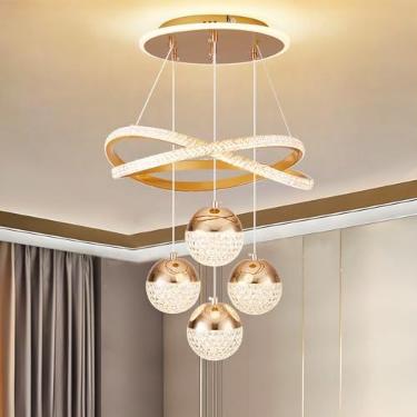 Imagem de SpavzeMe Lustres de LED dourados modernos, luminária pendente regulável em 3 cores para ilha de cozinha, sala de jantar, sala de estar, luz de teto suspensa contemporânea, altura ajustável, perfeita