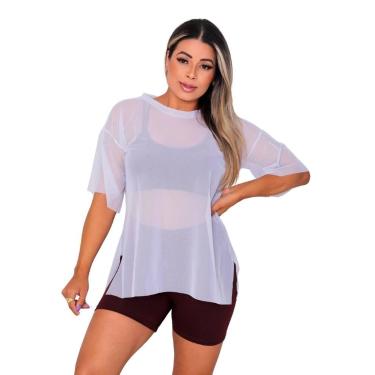 Imagem de Blusao Tule Feminina Fitness Academia Manga Curta Cor:Branco - Rogers 