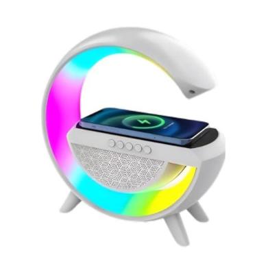 Imagem de Luminária De Mesa Multifuncional Inteligente 4 em 1 RBG Com Carregador para Celular Por Indução, Caixa de Som Bluetooth, Relógio e Projetor De Luz Abajur Luz Noturna Ambiente UTIMAIS+