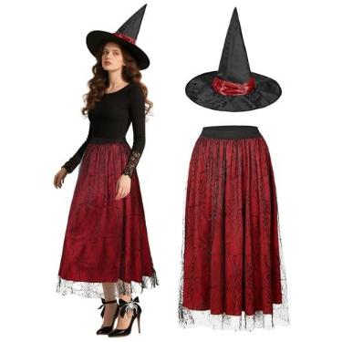Imagem de Saias femininas de Halloween com chapéu de bruxa, morcegos de veludo, saia midi de tule para festa à fantasia, Vermelho, Large-X-Large