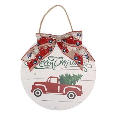Imagem de Placa De Porta De Madeira De Natal - Placa De Boas-vindas De Natal Poplar Letter Car Estampada Redonda Com Laço De Enfeite De Natal Para Pendurar Na Porta