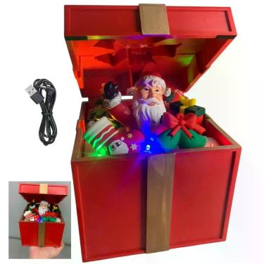 Imagem de Caixa Presente Natal Natalino Papai Noel Abre e Fecha Musica Led Som D