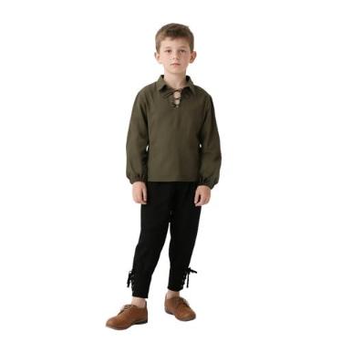 Imagem de VZQI Camisa infantil medieval com gola de renda, manga comprida, punhos largos, camiseta de pirata renascentista, fantasia de Halloween verde com calça de 90 a 100 cm