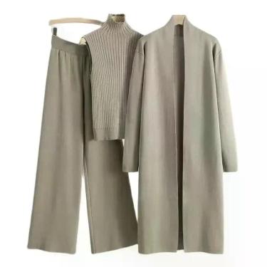 Imagem de Conjunto De Moda Feminina Vintage De Tricô Em 3 Peças, Cardigan E Calç