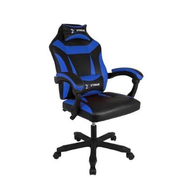 Imagem de Cadeira Gamers Xtreme Supra Ergonômica, Confortável, Design Moderno, Estilo para Jogadores Exigentes, Ajuste de Altura, Reclinável, Apoio de Cabeça, Braços, Pés, nas Cores Azul e Preta.