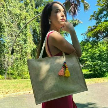 Imagem de Bolsa De Praia Palha Luxo Feminina Passeio Orla Cachoeira Reforçada  -