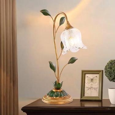 Imagem de Luminária de cabeceira retrô com corpo em bronze, abajur de mesa com cúpula de vidro em formato de flor, estilo antigo, ideal para decoração de casa, leitura na mesa de cabeceira, adequada p