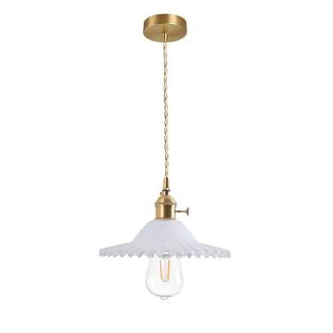 Imagem de LOTREE Luminária Pendente Redonda Vintage De Vidro Branco Leitoso Com Acabamento Em Latão Dourado E Interruptor Para Lustre Fazenda (Vidro)