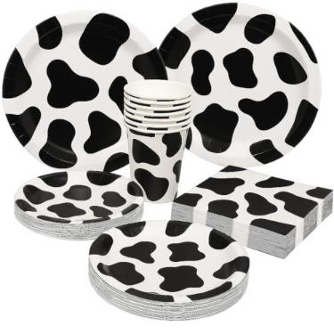 Imagem de Serve 30 | Pacote completo de festa | Artigos de festa com estampa de vaca | pratos de papel de jantar de 22,86 cm | pratos de papel de sobremesa de 17,78 cm | Copos de 255 ml | 3 guardanapos de pelúcia | Artigos de festa de aniversário temáticos de vaca