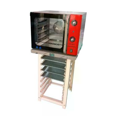 Imagem de Kit Forno Turbo Elétrico de Convecção Metalúrgica Venâncio FCSB4E Aço Inox 55L com Bancada e Assadeiras Vermelho 220V