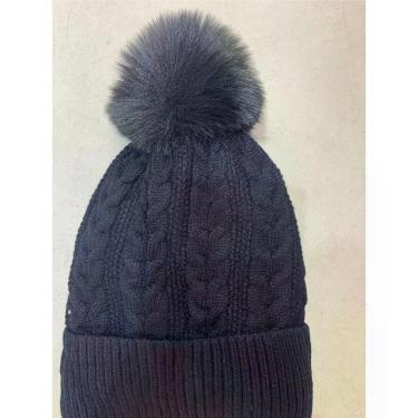 Imagem de Touca Feminina de Inverno OEM em Lã Acrílica Forrada com Pelúcia Preto Adulto com Pompom Sintético