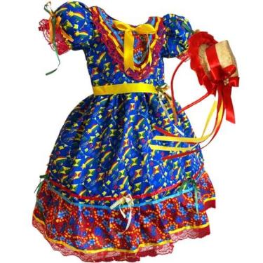Imagem de Vestido Festa Junina São João Quadrilha Caipira Infantil Rodado Florido Azul Tiara (BR, Alfa, P, Regular, Azul)
