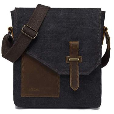 Imagem de Bolsa de Mensageiro Pequena, VASCHY Bolsa de Couro de Lona Vintage Leve Bolsa Transversal para Homem Mulher,Preto