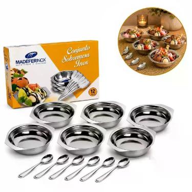 Imagem de Conjunto para Sobremesa 12 Peças Aço Inox 6 Tigelas 6 Colheres para Sorvete Açaí Frutas Doces Inox