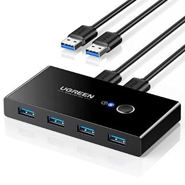 Imagem de UGREEN Seletor de switch USB 3.0 2 computadores compartilham 4 portas USB 3.0 Switcher KVM USB para PC laptop teclado mouse impressora scanner Adaptador de switch de um botão com 2 pacotes de