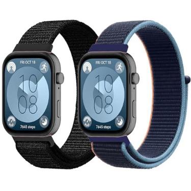 Imagem de Pacote com 2 pulseiras esportivas compatíveis com Huawei Watch Fit 4/Fit 3, pulseiras esportivas de substituição para mulheres, homens, pulseiras trançadas elásticas respiráveis (preto e azul 1)