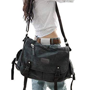 Imagem de [Atualizada] Bolsa mensageiro de lona vintage grande livro laptop bolsa de ombro feminina masculina nova 13 15,6 43 cm (preta, 43 cm)