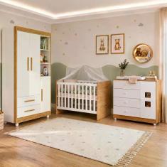 Quarto de Bebê com Berço com Suporte, Cômoda 1 Porta 4 Gavetas e Roupe