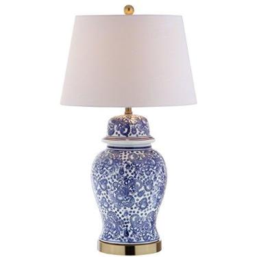 Imagem de JONATHAN Y JYL3008A Ellis 75 cm Luminária de mesa LED de cerâmica tradicional para quarto, sala de estar, escritório, dormitório de faculdade, mesa de café, estante, azul/branco
