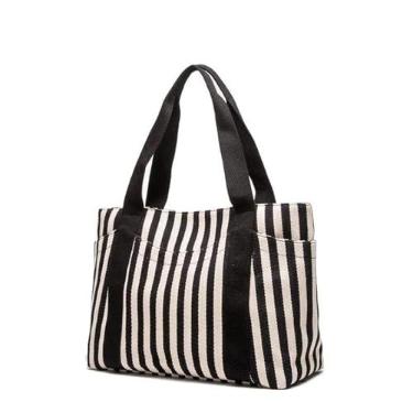 Imagem de YHSHYZH Bolsa de lona feminina, bolsa de trabalho listrada com bolsos e zíper, bolsa de uso diário para praia, tabela, academia, Preto e branco, Large